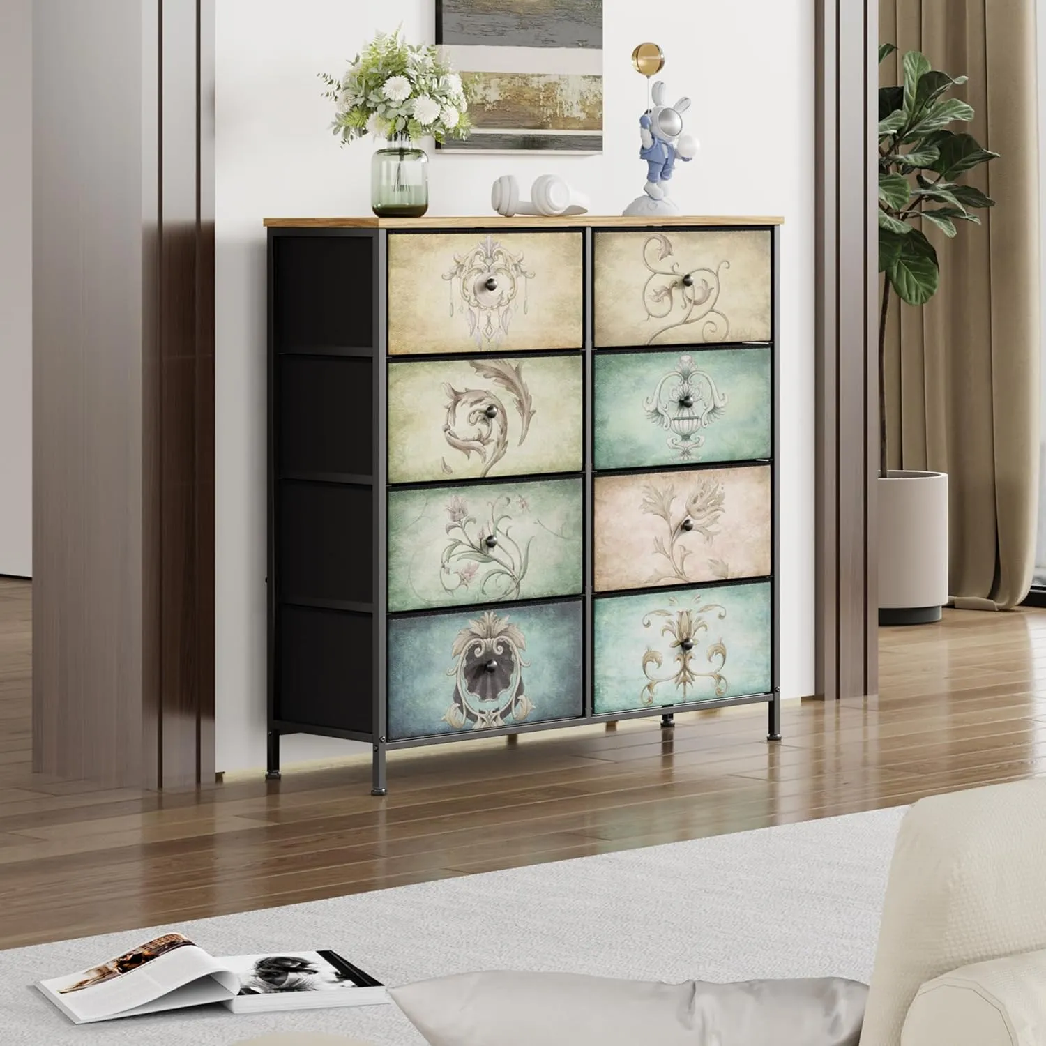 Dresser for Bedroom, 8 Drawer Dressers & Chests of Drawers for TV Stand, Organizer Fabric Storage for Bedroom, Living Room, Hallway, Easy Pull Fabric Bins, Retro Floral Pattern Drawers Wooden Top