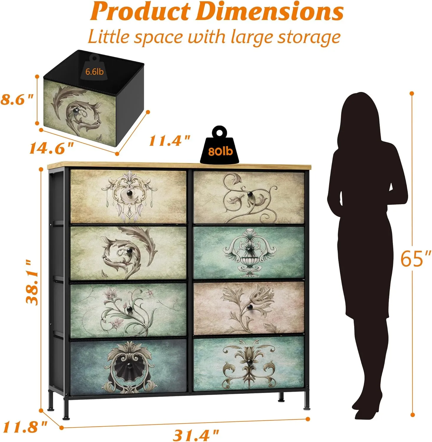 Dresser for Bedroom, 8 Drawer Dressers & Chests of Drawers for TV Stand, Organizer Fabric Storage for Bedroom, Living Room, Hallway, Easy Pull Fabric Bins, Retro Floral Pattern Drawers Wooden Top