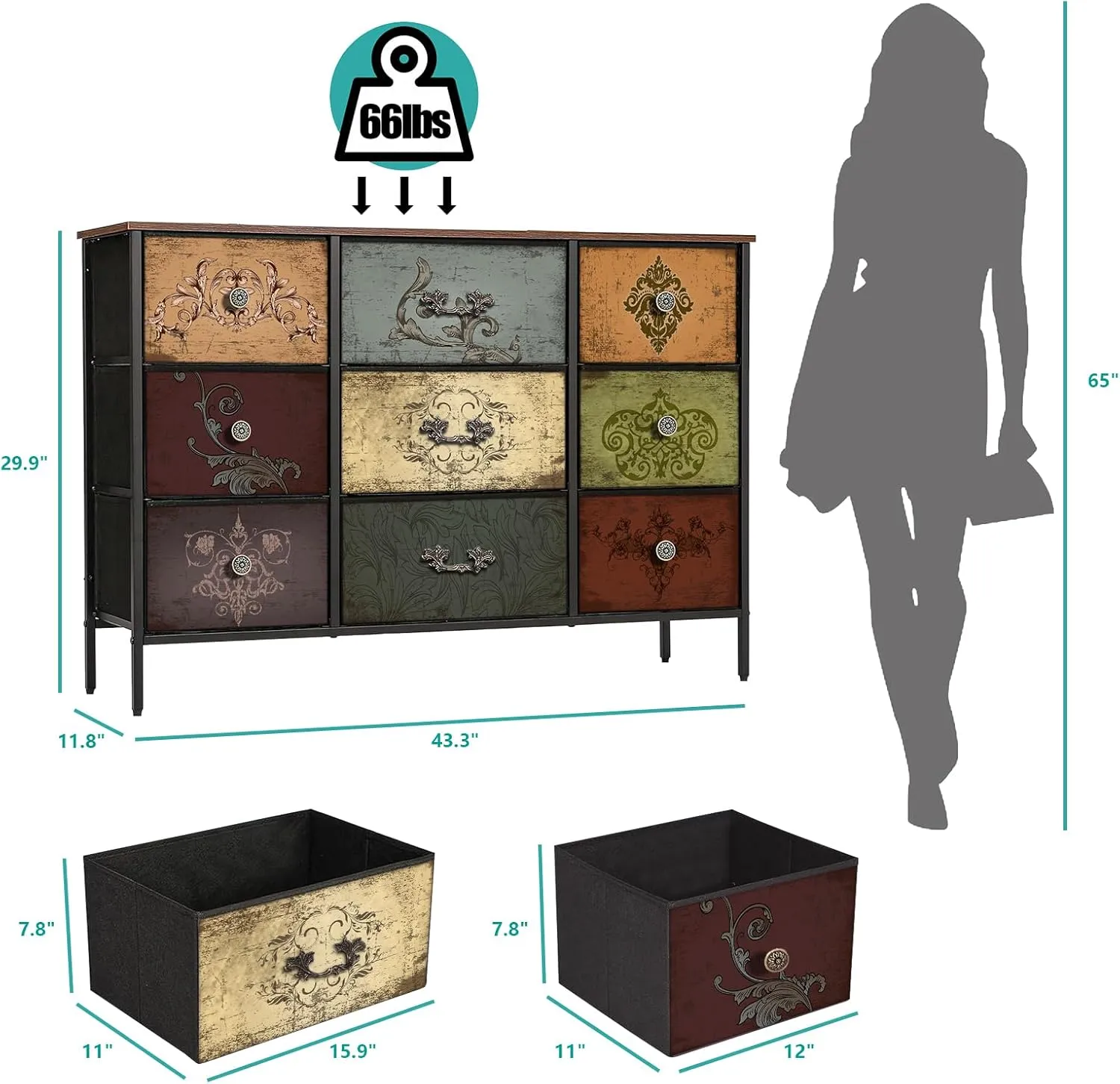Dresser for Bedroom with 9 Deep Fabric Drawers, Wide TV Stand Storage Cabinet, Colorful Chest of Drawers for Closet, Nursery, Entryway, Hallway