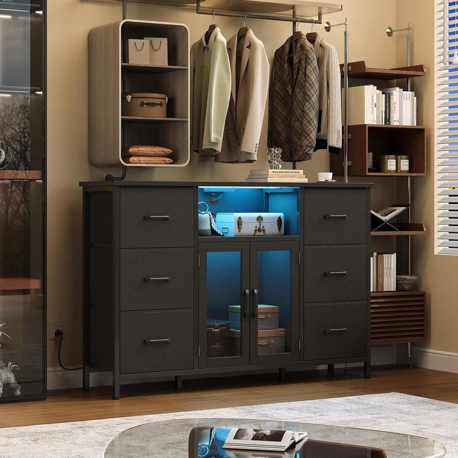 Dresser for Bedroom with Charging Station & LED Light, Black 6 Drawer Dresser with Adjustable Feet, Wide Anti-Tip TV Stand for 60" TV, Fabric Chest of Drawer Storage Organizer for Living Room