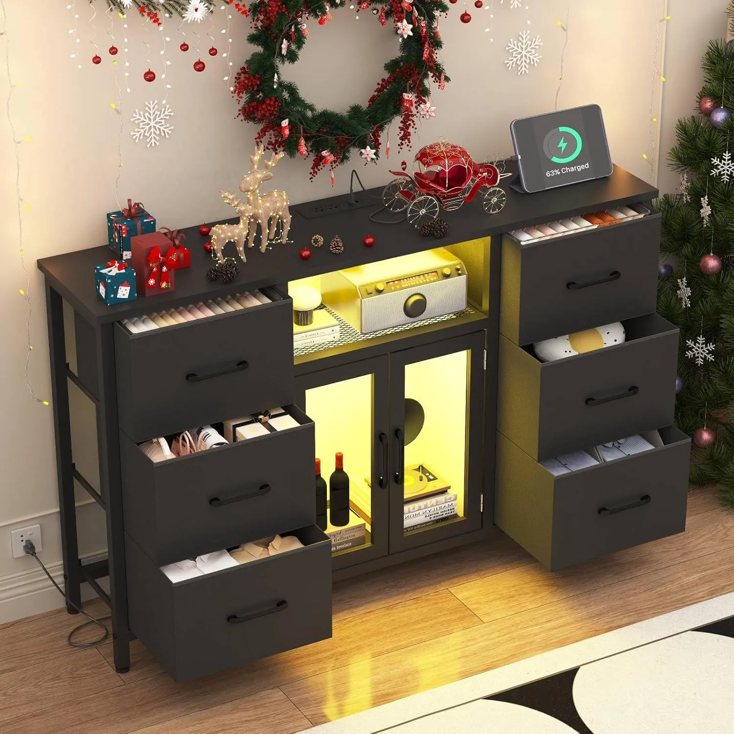 Dresser for Bedroom with Charging Station & LED Light, Black 6 Drawer Dresser with Adjustable Feet, Wide Anti-Tip TV Stand for 60" TV, Fabric Chest of Drawer Storage Organizer for Living Room
