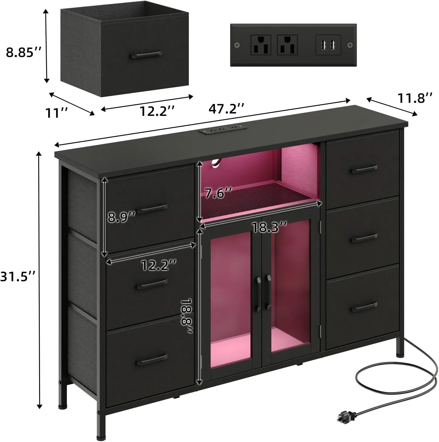 Dresser for Bedroom with Charging Station & LED Light, Black 6 Drawer Dresser with Adjustable Feet, Wide Anti-Tip TV Stand for 60" TV, Fabric Chest of Drawer Storage Organizer for Living Room