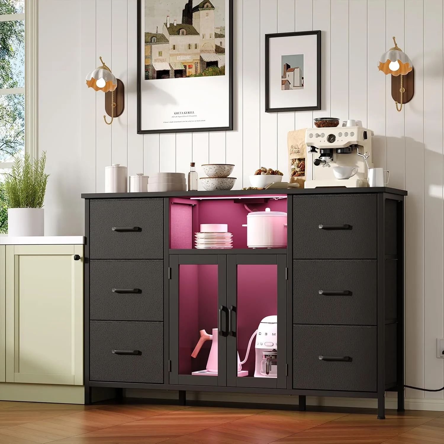Dresser for Bedroom with Charging Station & LED Light, Black 6 Drawer Dresser with Adjustable Feet, Wide Anti-Tip TV Stand for 60" TV, Fabric Chest of Drawer Storage Organizer for Living Room