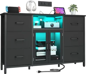 Dresser for Bedroom with Charging Station & LED Light, Black 6 Drawer Dresser with Adjustable Feet, Wide Anti-Tip TV Stand for 60" TV, Fabric Chest of Drawer Storage Organizer for Living Room