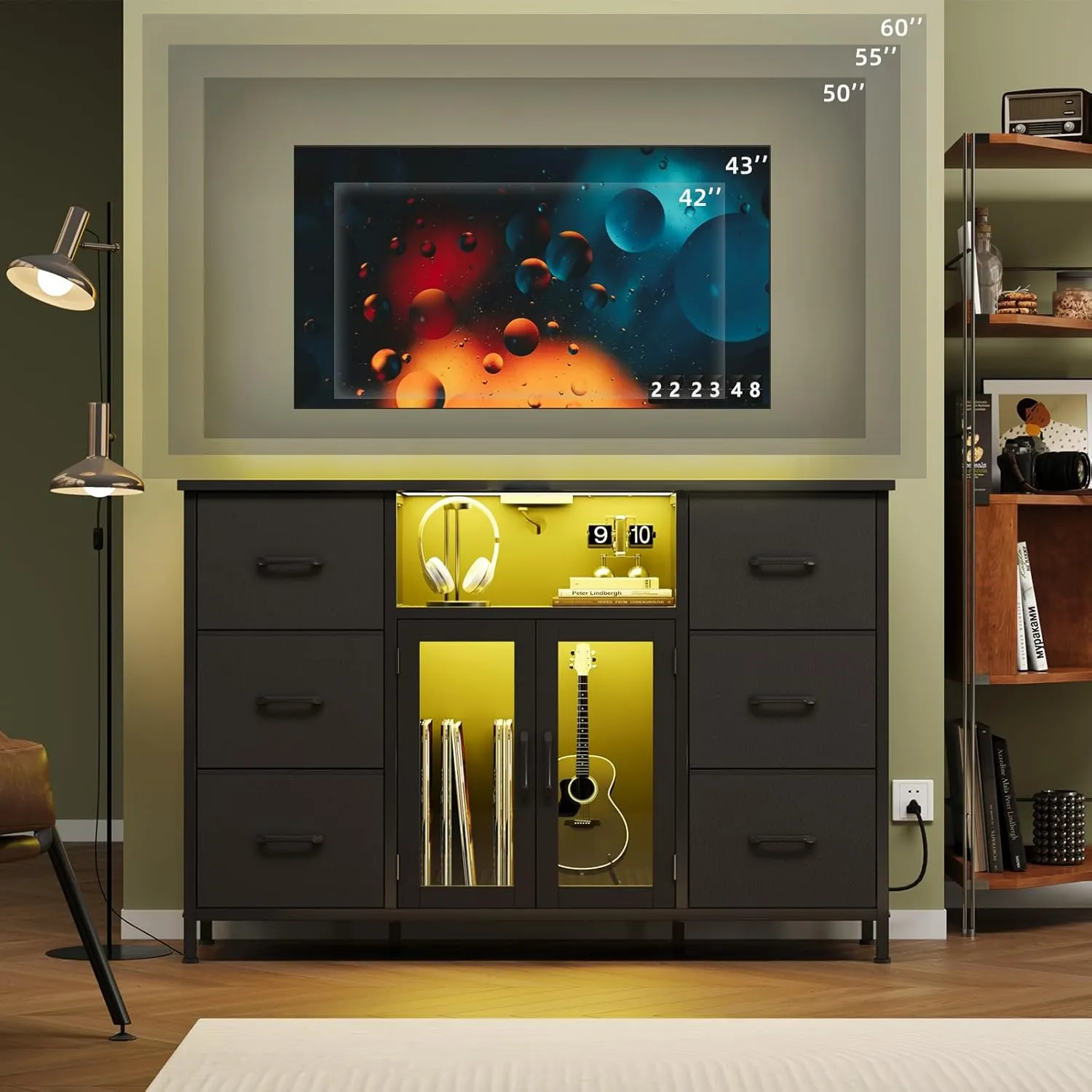 Dresser for Bedroom with Charging Station & LED Light, Black 6 Drawer Dresser with Adjustable Feet, Wide Anti-Tip TV Stand for 60" TV, Fabric Chest of Drawer Storage Organizer for Living Room