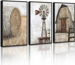 Drsoum Farmhouse Wall Art Vintage Rustic Windmill Barn Cornfield Pictures Framed Painting Landscape Countryside Rural Canvas Artwork Home Decor Ready to Hang 11x14in - Black Framed