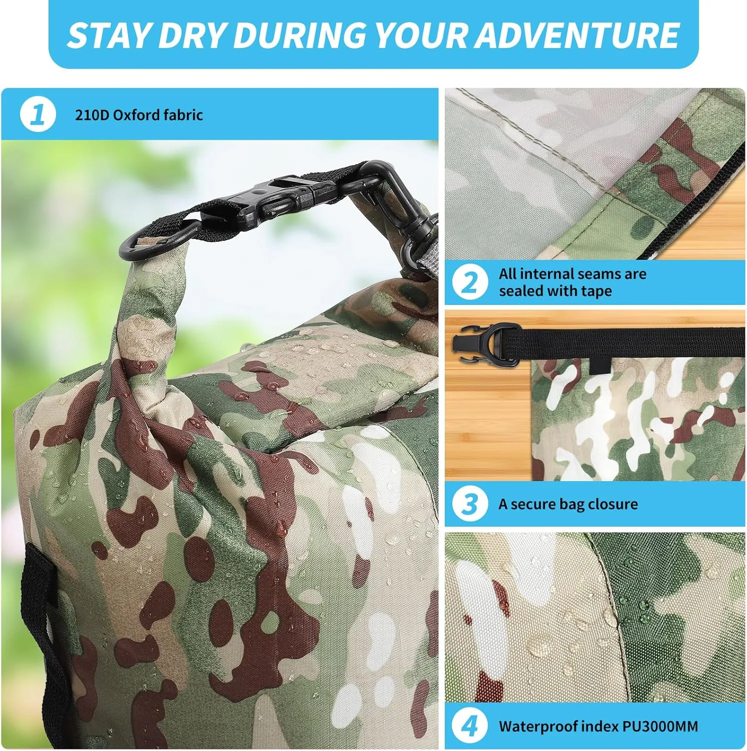 Dry Bags Waterproof Dry Sacks Camouflage Small Lightweight Dry Bag with Strap for Paddle Board Kayaking Fishing Camping Hiking (35L)