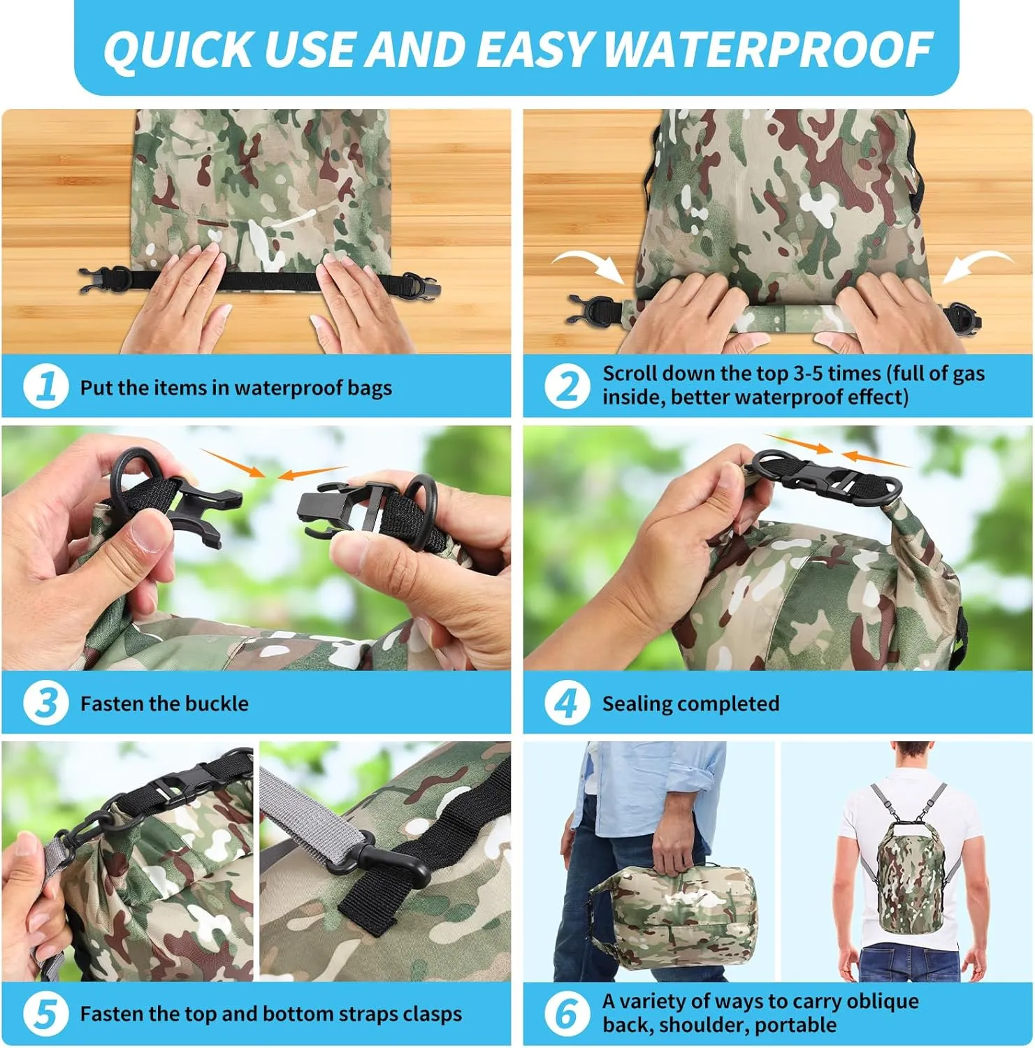 Dry Bags Waterproof Dry Sacks Camouflage Small Lightweight Dry Bag with Strap for Paddle Board Kayaking Fishing Camping Hiking (35L)