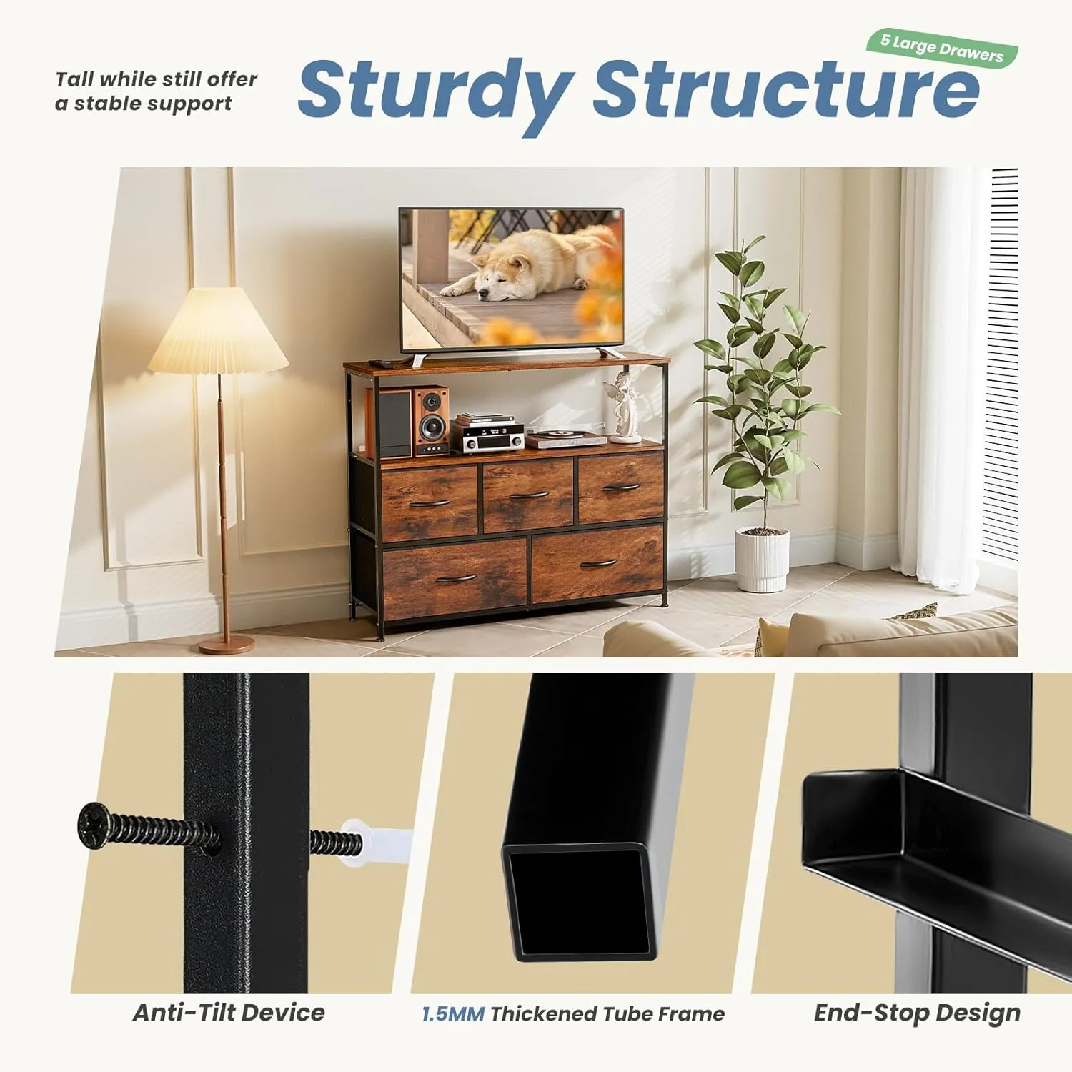 DUMOS TV Stand Dresser for Bedroom with 5 Fabric Drawer,Entertainment Center for 45 inch Television, Media Console Table with Storage, Open Shelf, Adjustable Feet, Living Room Furniture, Brown