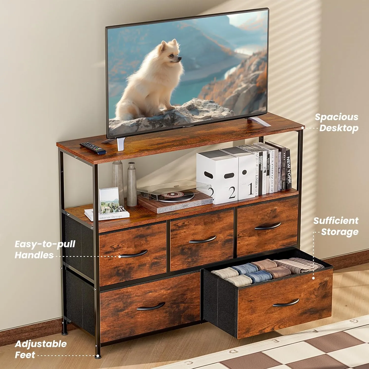 DUMOS TV Stand Dresser for Bedroom with 5 Fabric Drawer,Entertainment Center for 45 inch Television, Media Console Table with Storage, Open Shelf, Adjustable Feet, Living Room Furniture, Brown