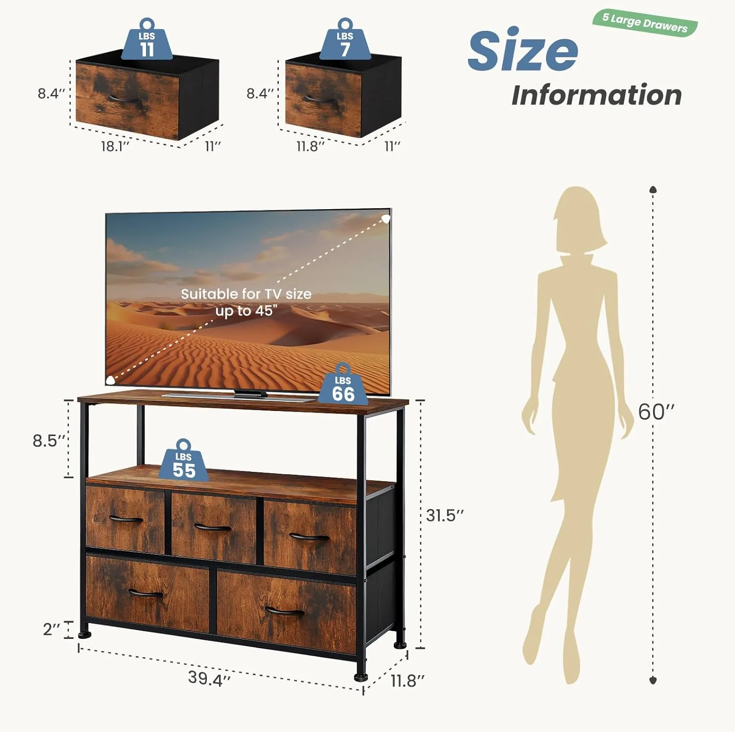 DUMOS TV Stand Dresser for Bedroom with 5 Fabric Drawer,Entertainment Center for 45 inch Television, Media Console Table with Storage, Open Shelf, Adjustable Feet, Living Room Furniture, Brown