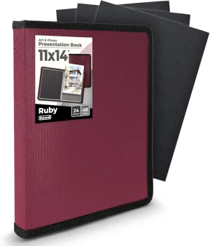 Dunwell 11x14 Art Portfolio Binder with Mounting Paper (Ruby), Large Portfolio Folder for Artwork Storage, 24 Sleeves Displays 48 Pages, Acid-Free Poly 11 x 14 Presentation Book