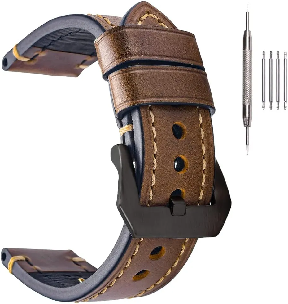EACHE Leather Watch Bands for Men,Vintage Crazy Horse Leather & Vegetable Tanned Leather & Oil Waxed Thick Leather Watch Bands 20mm 22mm 24mm 26mm
