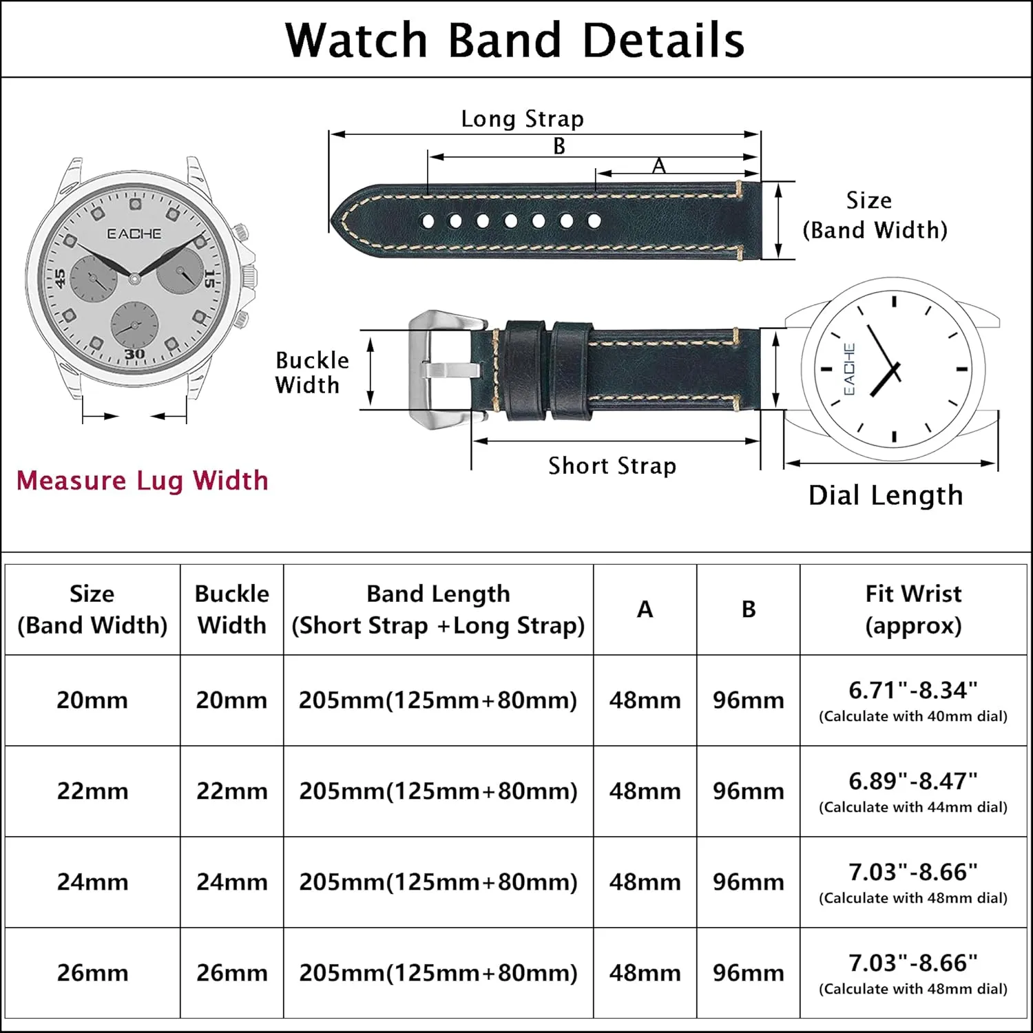 EACHE Leather Watch Bands for Men,Vintage Crazy Horse Leather & Vegetable Tanned Leather & Oil Waxed Thick Leather Watch Bands 20mm 22mm 24mm 26mm