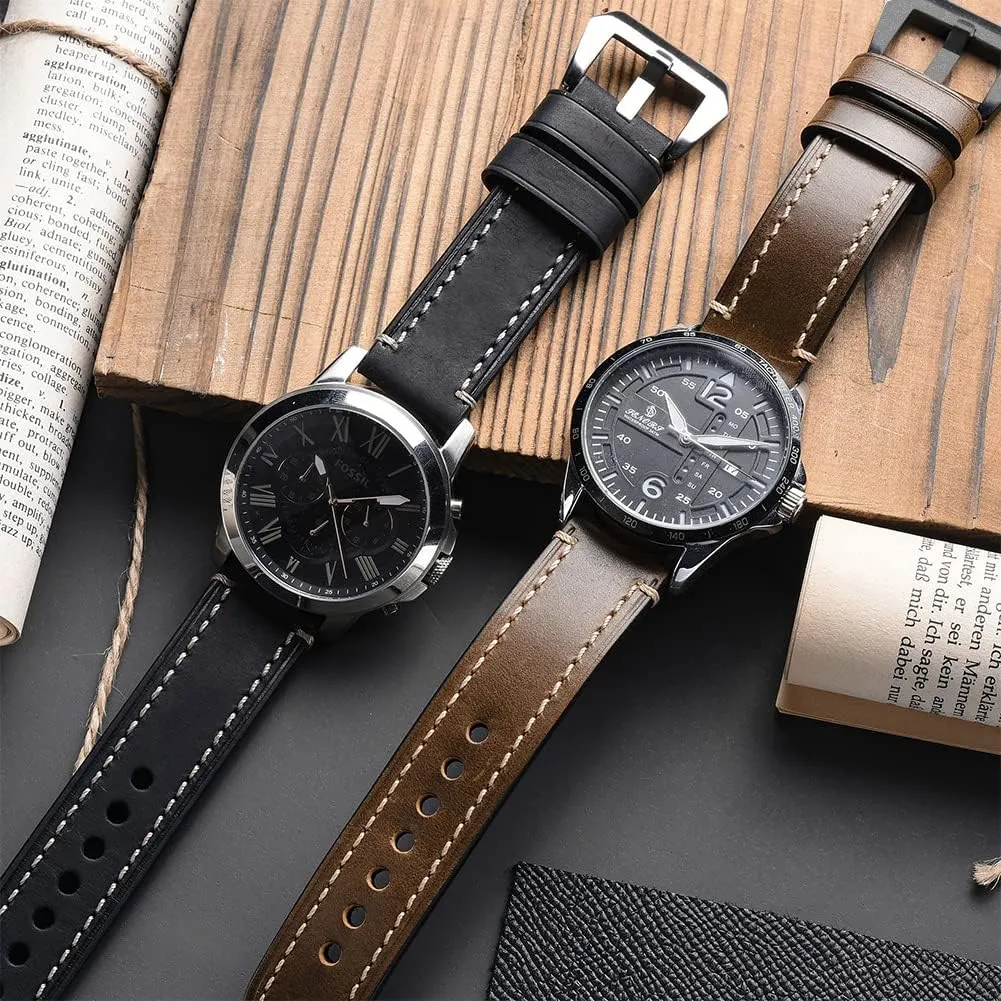 EACHE Leather Watch Bands for Men,Vintage Crazy Horse Leather & Vegetable Tanned Leather & Oil Waxed Thick Leather Watch Bands 20mm 22mm 24mm 26mm