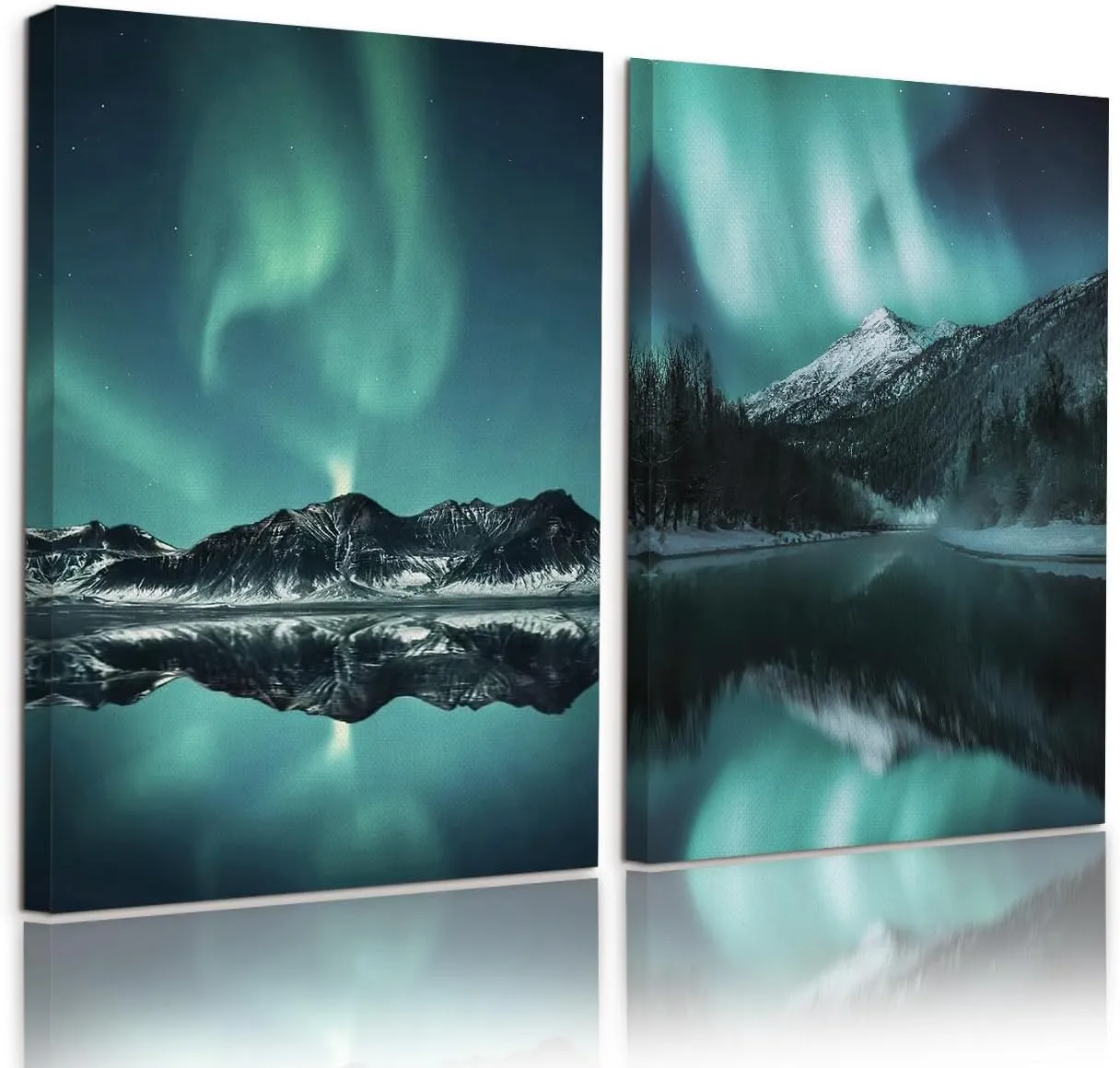 EAHunt Northern Lights Canvas Wall Art for Living Room Bedroom Mountain Lake Landscape Night Sky Poster Aurora Borealis Prints Alaska Wall Picture Home Decor 12×16×2 Piecel Set Ready to Hang
