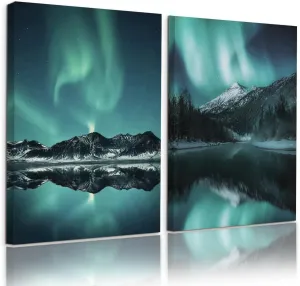 EAHunt Northern Lights Canvas Wall Art for Living Room Bedroom Mountain Lake Landscape Night Sky Poster Aurora Borealis Prints Alaska Wall Picture Home Decor 12×16×2 Piecel Set Ready to Hang
