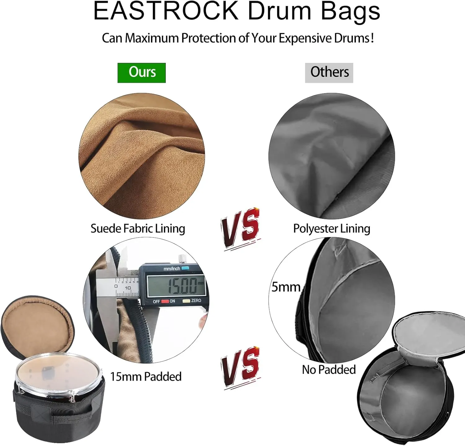 EASTROCK 5-Piece Drum Bag Set for 12" Tom, 10" Tom, 14" Snare, 16" Floor Tom, 22" Bass Drum, Drum Cases (5pc Fusion Set)