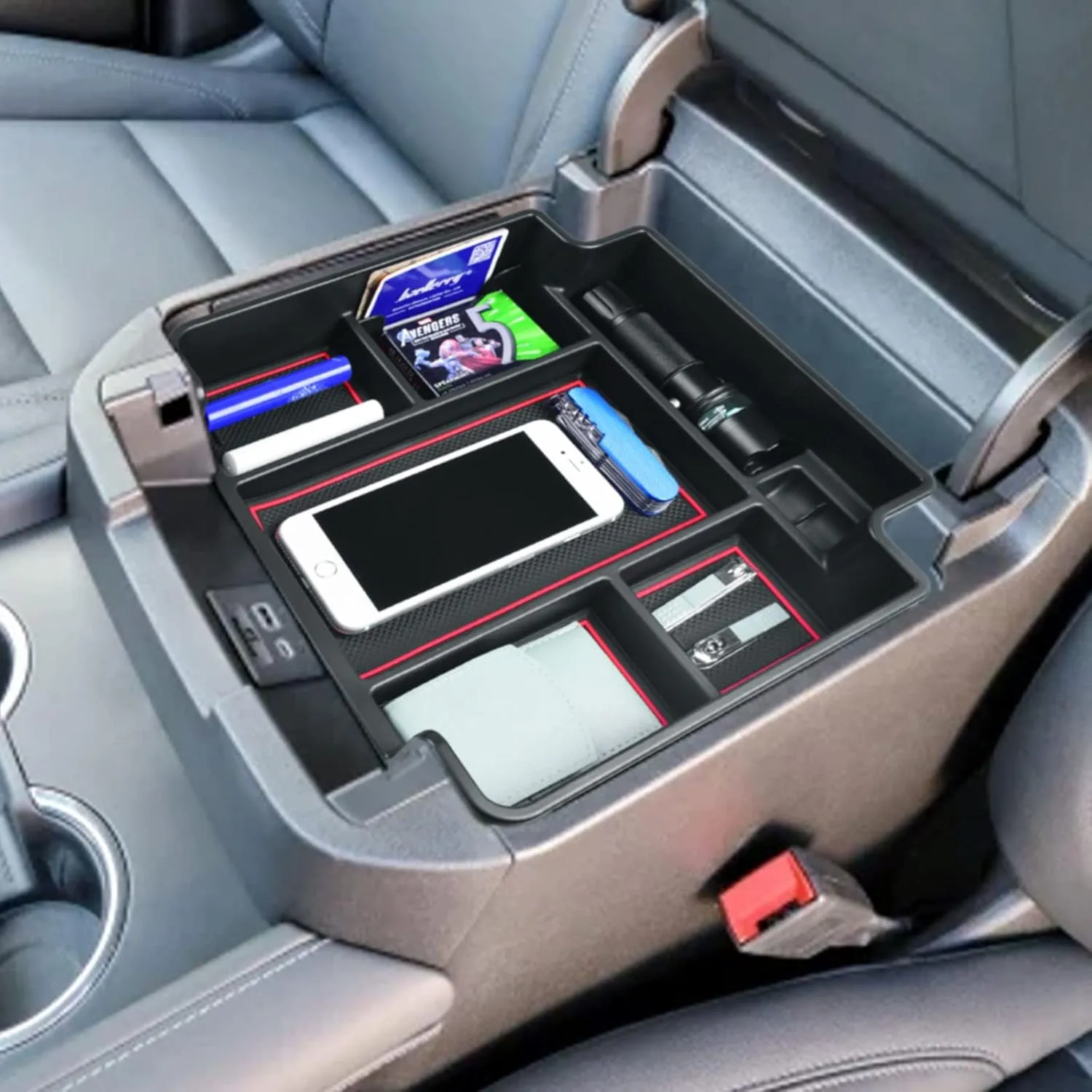 EDBETOS Center Console Organizer Tray for 2021-2025 Chevy Tahoe/Suburban and 21-2024 GMC Yukon Accessories, Fit Standard Console with Charging Socket Only, NOT for Power Sliding Console, Red