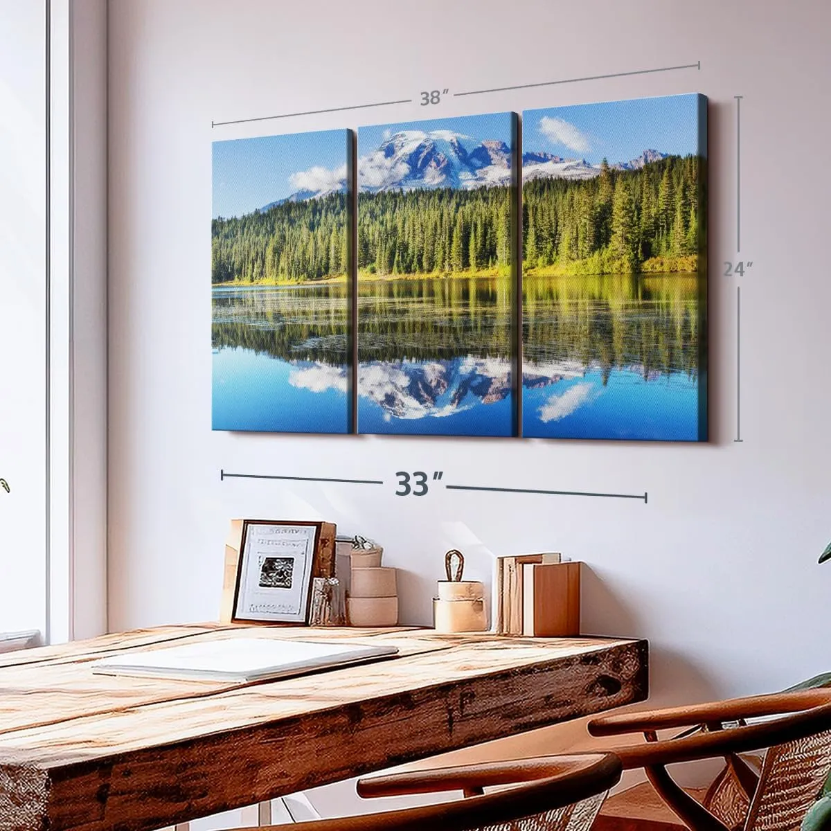 ElephantStock Alpine Lake Near Mt. Rainier Wall Art - Horizontal Canvas - 3-Piece Living Room Wall Decor - Photography nature Canvas Print - Gray and Blue Decor for Wall - 38" X 24"