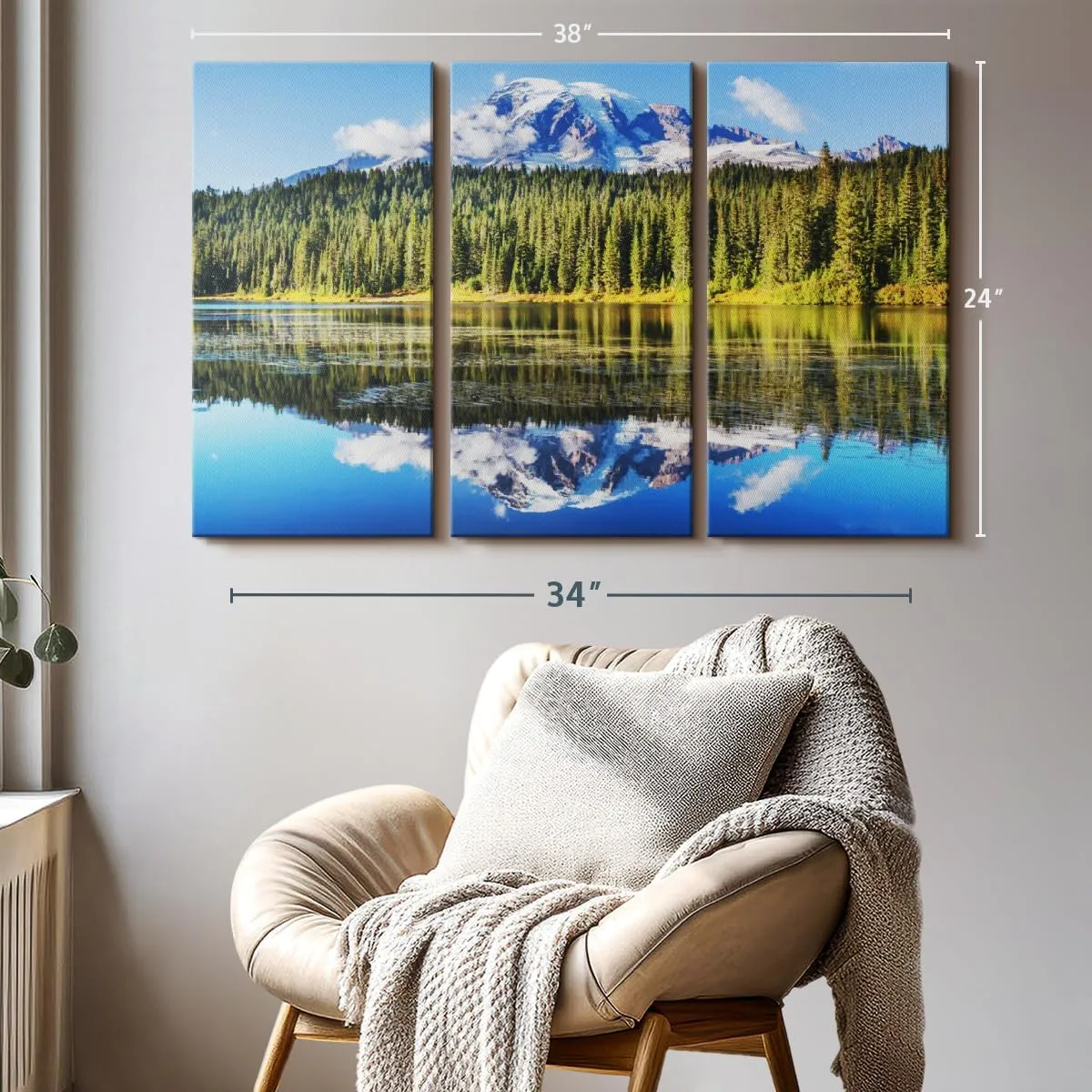 ElephantStock Alpine Lake Near Mt. Rainier Wall Art - Horizontal Canvas - 3-Piece Living Room Wall Decor - Photography nature Canvas Print - Gray and Blue Decor for Wall - 38" X 24"