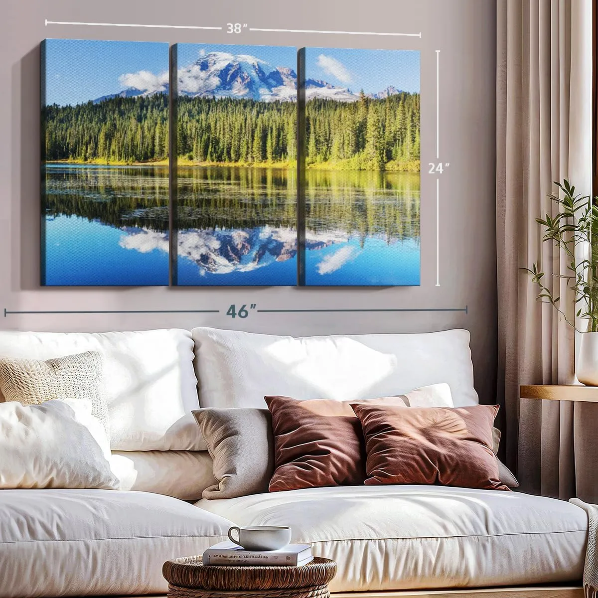 ElephantStock Alpine Lake Near Mt. Rainier Wall Art - Horizontal Canvas - 3-Piece Living Room Wall Decor - Photography nature Canvas Print - Gray and Blue Decor for Wall - 38" X 24"