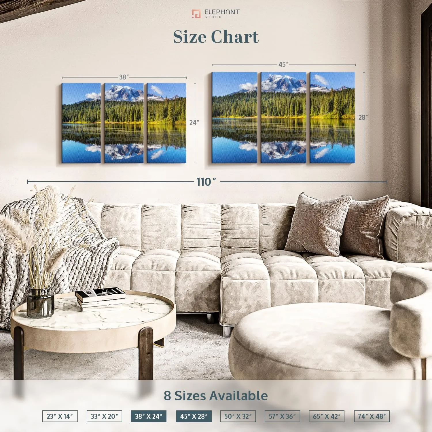 ElephantStock Alpine Lake Near Mt. Rainier Wall Art - Horizontal Canvas - 3-Piece Living Room Wall Decor - Photography nature Canvas Print - Gray and Blue Decor for Wall - 38" X 24"