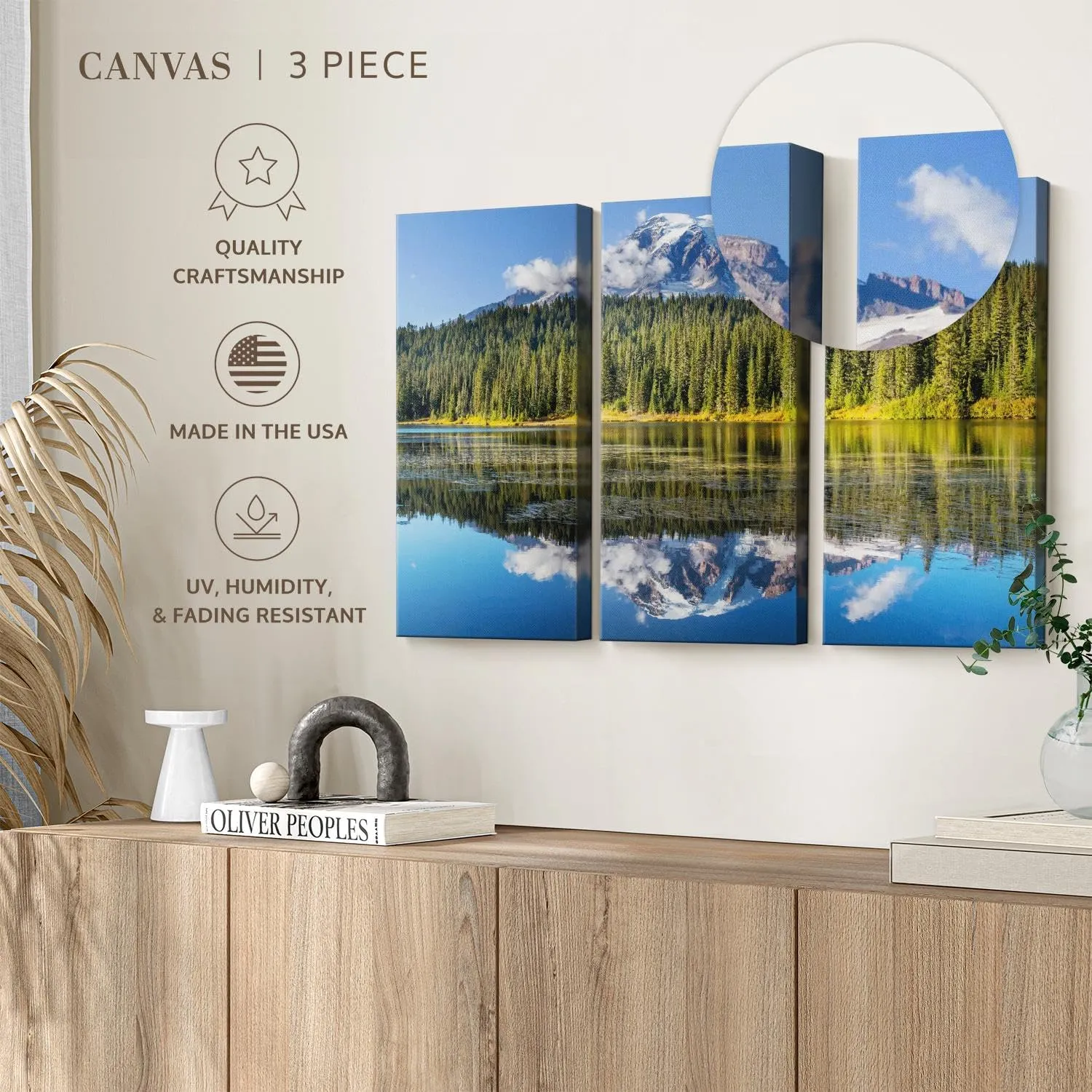 ElephantStock Alpine Lake Near Mt. Rainier Wall Art - Horizontal Canvas - 3-Piece Living Room Wall Decor - Photography nature Canvas Print - Gray and Blue Decor for Wall - 38" X 24"