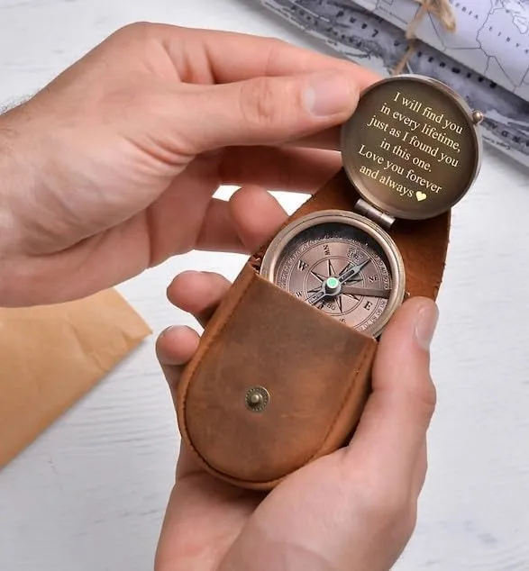 Engraved Compass with Leather Case, Romantic Message, Vintage Style Navigation Gift
