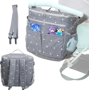 Enovoe Stroller Organizer Bag - Rectangular Removable w/ Spacious Pockets - Big Size Grey Oxford Waterproof Fabric w/ White Stars - Easy Installation - 2-in-1 Stroller Baby Diaper Bag - Grey