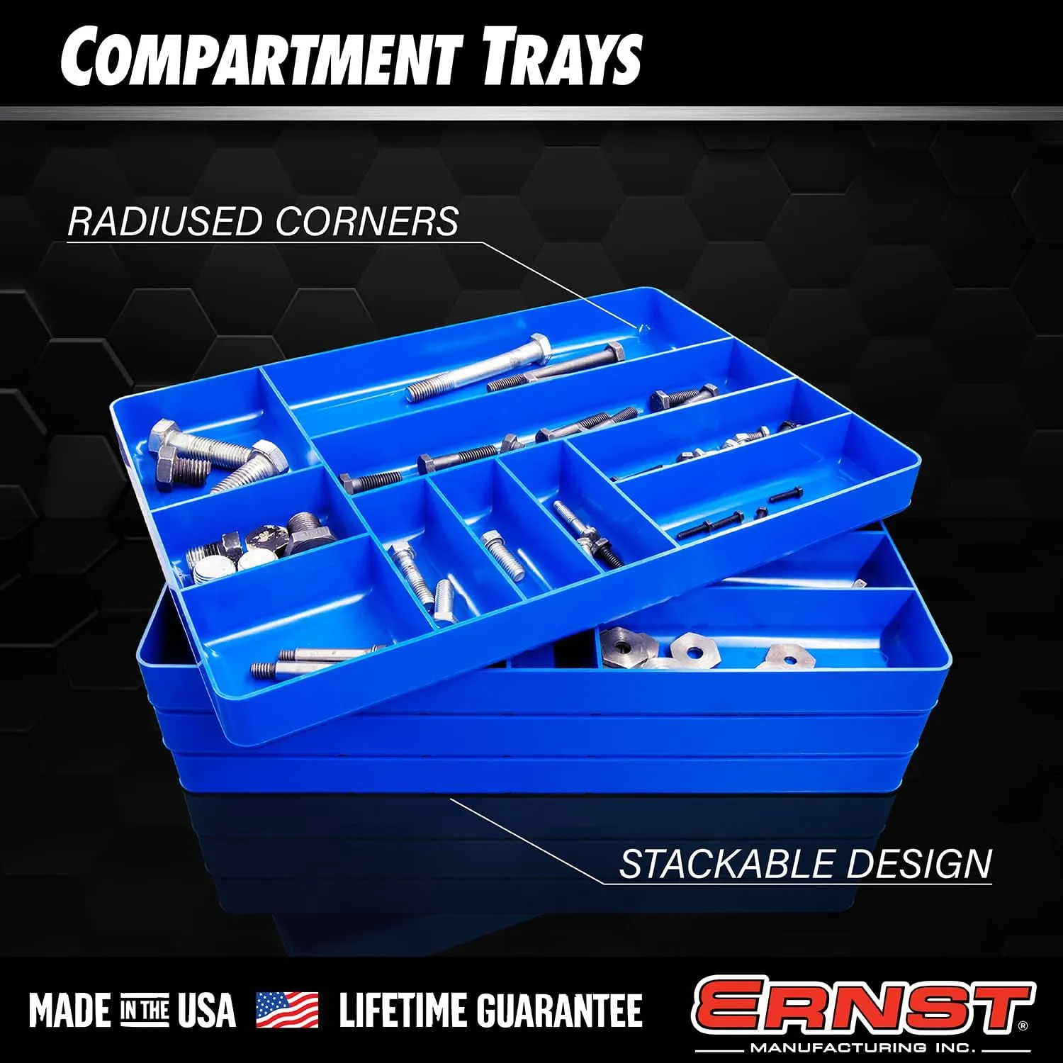 Ernst MFG 10 Compartment Drawer Organizer: Heavy Duty Stackable Tray for Automotive Garage Tool Organization - Low-Profile Toolbox Storage - Nuts and Bolts, Tools, Parts, Easy to Clean - Blue