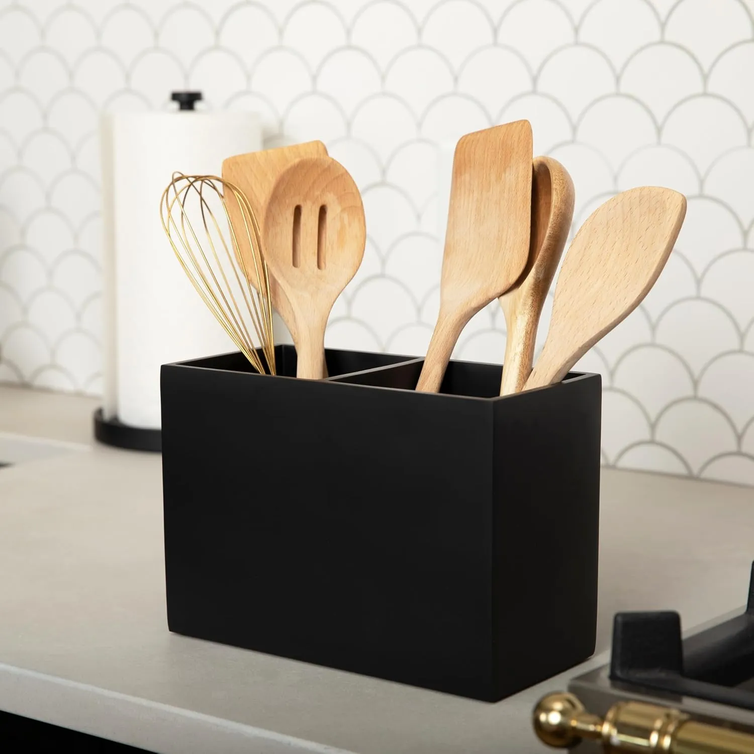 Essentra Home Matte Black Kitchen Utensil Holder, Large Rectangular Utensil Crock with Two Compartments, Modern Kitchen Cookware Storage.