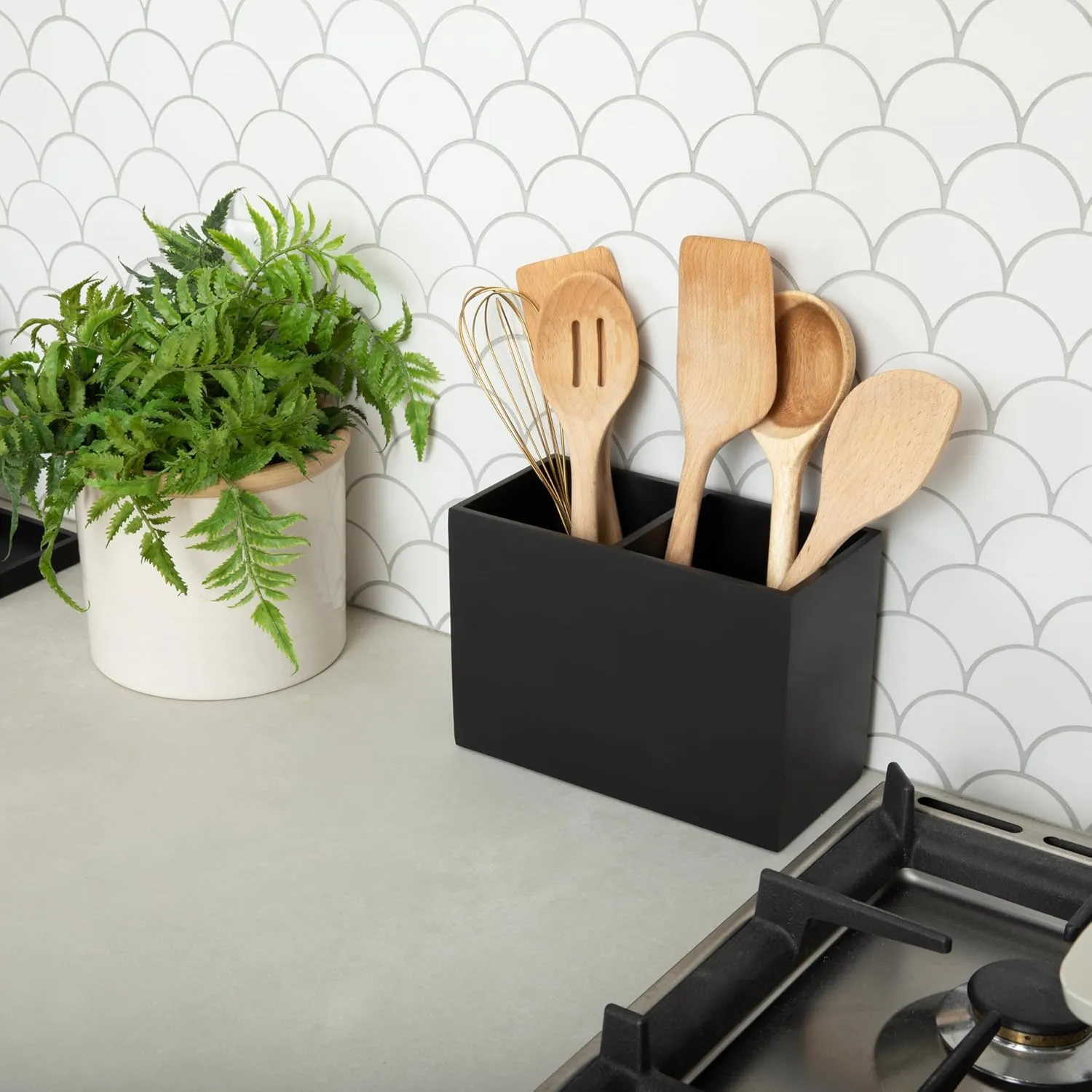 Essentra Home Matte Black Kitchen Utensil Holder, Large Rectangular Utensil Crock with Two Compartments, Modern Kitchen Cookware Storage.