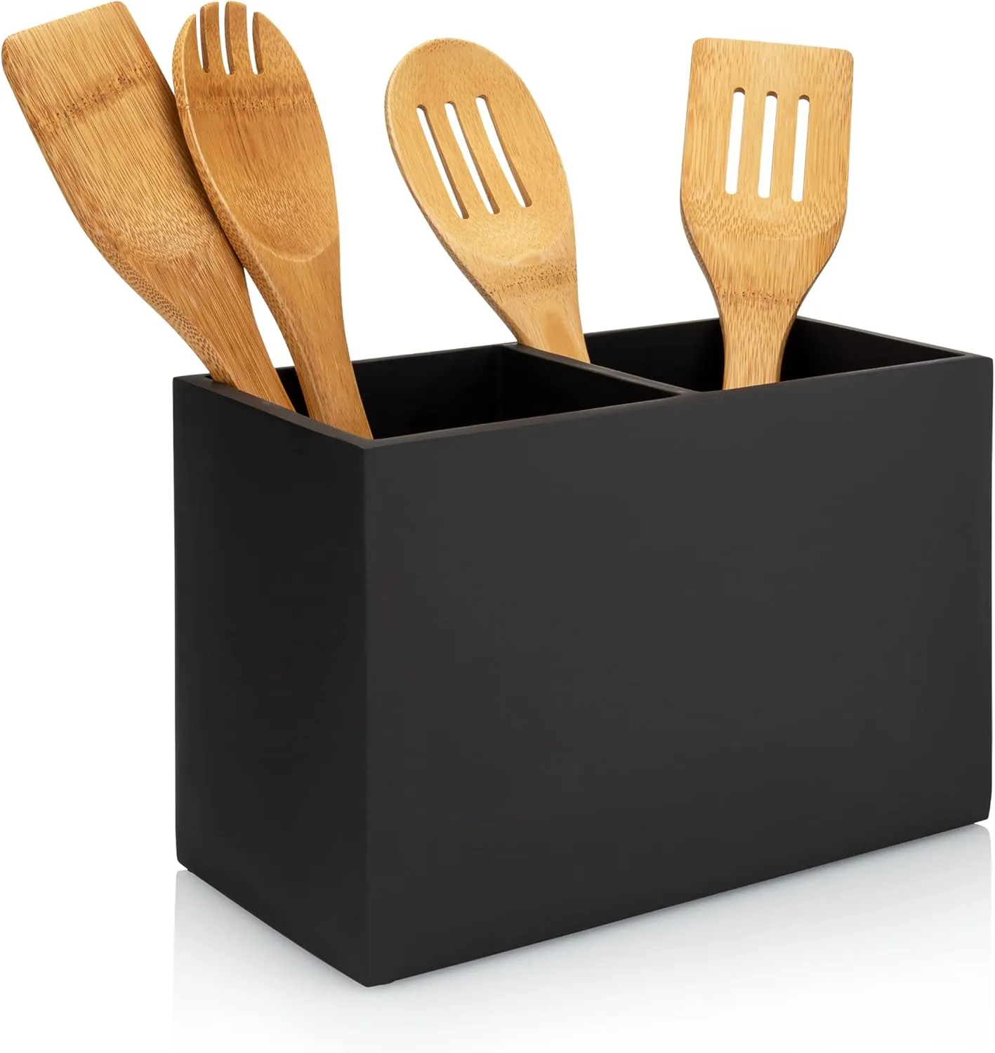 Essentra Home Matte Black Kitchen Utensil Holder, Large Rectangular Utensil Crock with Two Compartments, Modern Kitchen Cookware Storage.