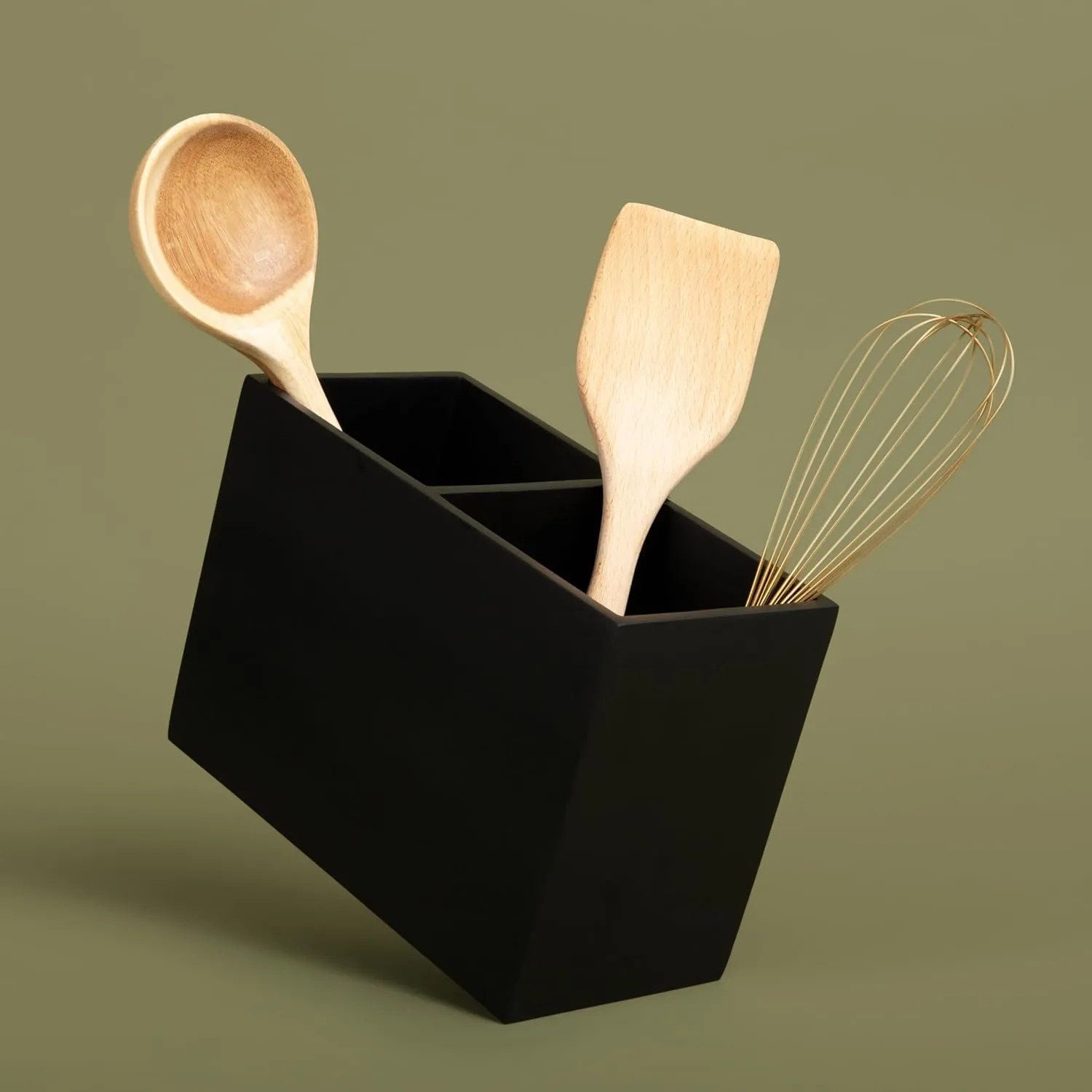 Essentra Home Matte Black Kitchen Utensil Holder, Large Rectangular Utensil Crock with Two Compartments, Modern Kitchen Cookware Storage.