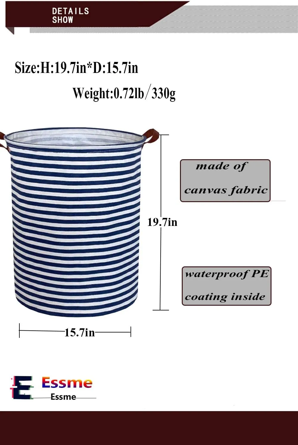 ESSME 2pack Kids Laundry Hamper,Boys laundry basket,Collapsible Bule storage basket with Waterproof PE Coating,Canvas Fabric Nursery Hamper for Kids Room Decor,Toy storage,Gift,Baby Clothing.(2pack Navy Blue stripes)