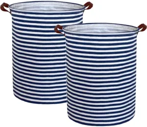 ESSME 2pack Kids Laundry Hamper,Boys laundry basket,Collapsible Bule storage basket with Waterproof PE Coating,Canvas Fabric Nursery Hamper for Kids Room Decor,Toy storage,Gift,Baby Clothing.(2pack Navy Blue stripes)