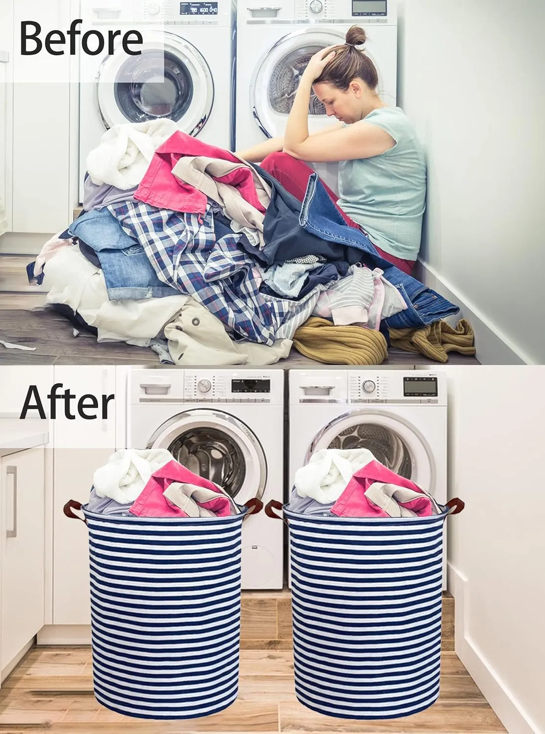 ESSME 2pack Kids Laundry Hamper,Boys laundry basket,Collapsible Bule storage basket with Waterproof PE Coating,Canvas Fabric Nursery Hamper for Kids Room Decor,Toy storage,Gift,Baby Clothing.(2pack Navy Blue stripes)