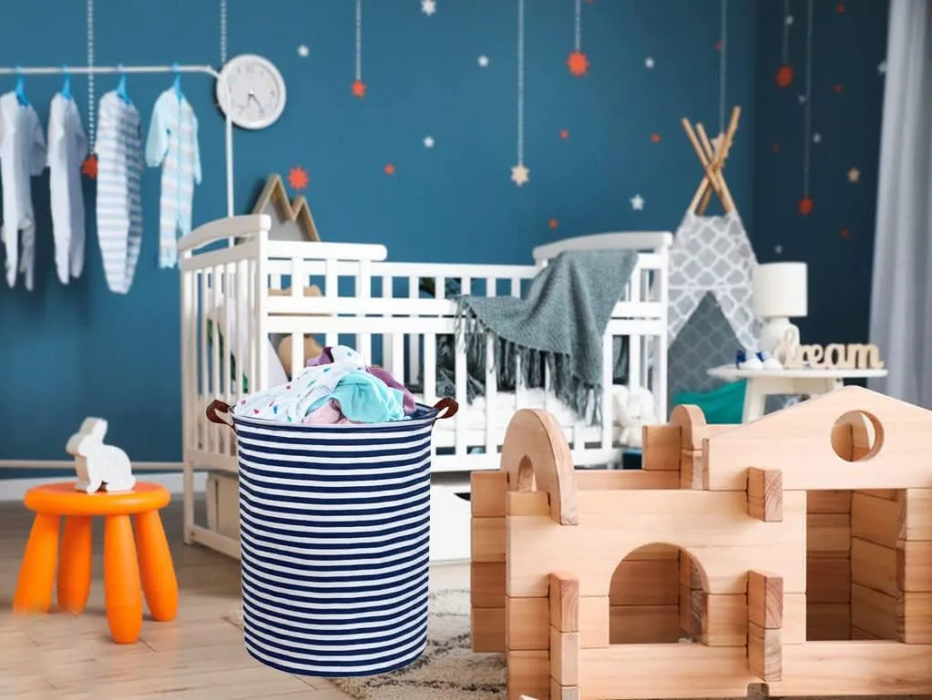 ESSME 2pack Kids Laundry Hamper,Boys laundry basket,Collapsible Bule storage basket with Waterproof PE Coating,Canvas Fabric Nursery Hamper for Kids Room Decor,Toy storage,Gift,Baby Clothing.(2pack Navy Blue stripes)