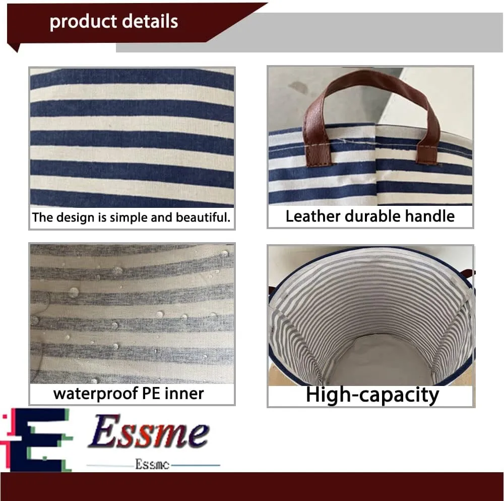 ESSME 2pack Kids Laundry Hamper,Boys laundry basket,Collapsible Bule storage basket with Waterproof PE Coating,Canvas Fabric Nursery Hamper for Kids Room Decor,Toy storage,Gift,Baby Clothing.(2pack Navy Blue stripes)