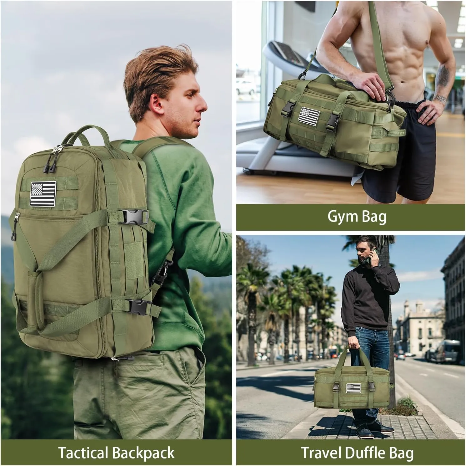 ETRONIK Gym Bags for Men Women, Military Duffle Bag Backpack with Shoe Compartment, 3 in 1 Carry on Bag Travel Backpack with Wet Pocket, Weekender Overnight Range Bag for Workout Football Gym, Green