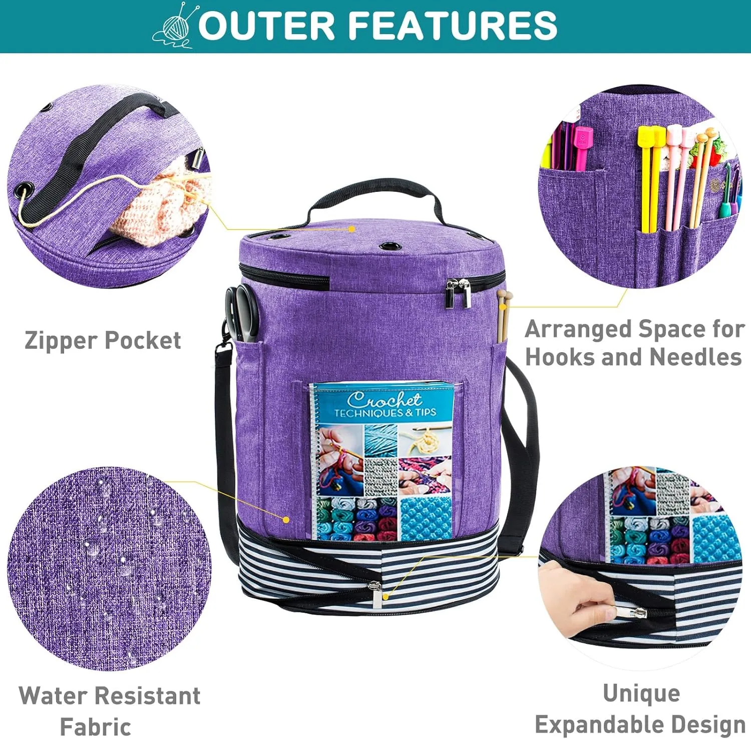 Expandable Crochet Bag - Knitting and Yarn Storage Organizer Tote with Zipper Closure - Ideal Gift for Crocheting Accessories and Supplies
