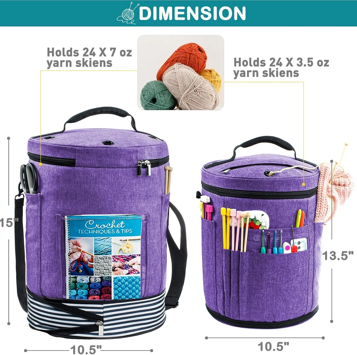 Expandable Crochet Bag - Knitting and Yarn Storage Organizer Tote with Zipper Closure - Ideal Gift for Crocheting Accessories and Supplies