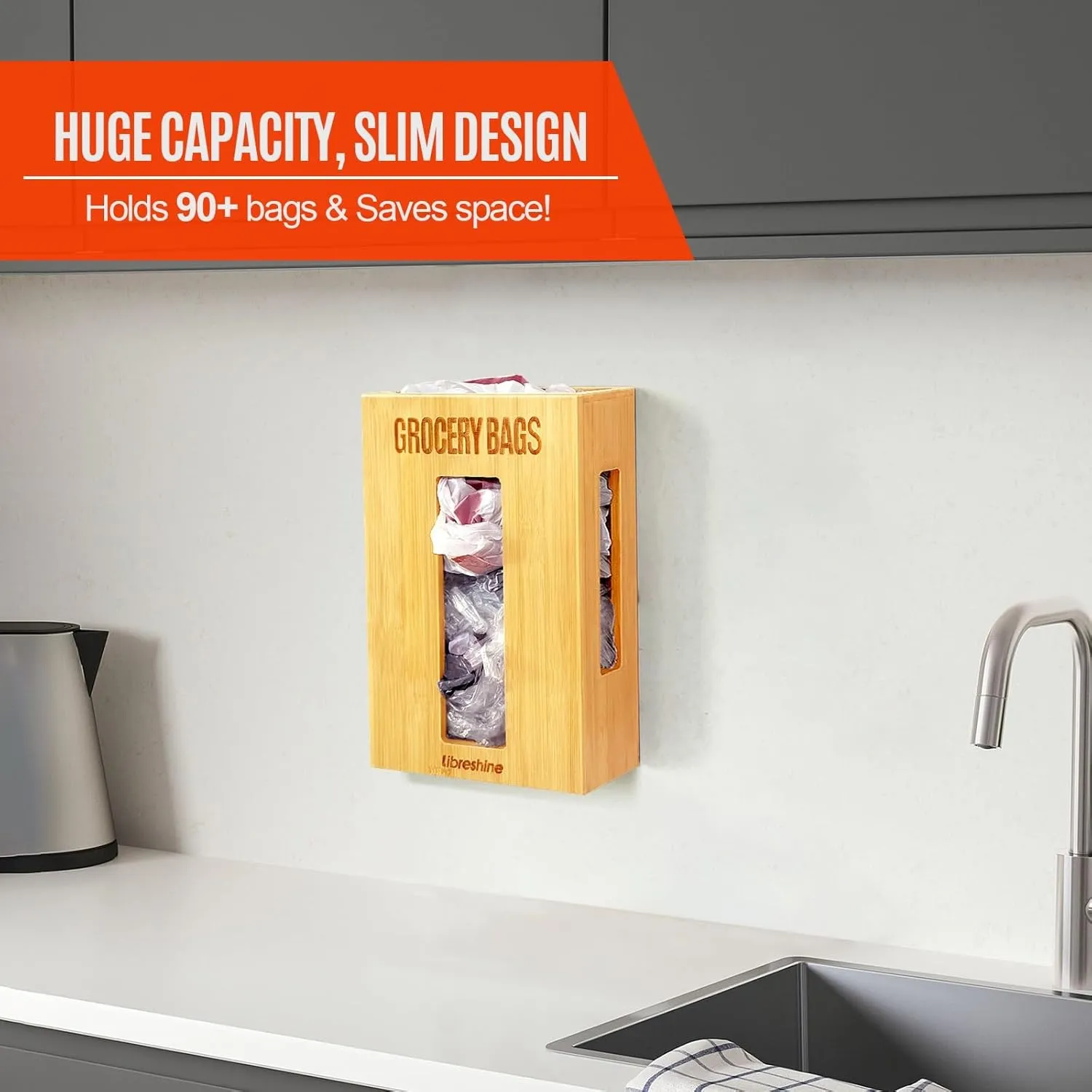 Extra Large Bamboo Grocery Bag Holder & Plastic Bag Organizer, Under Sink Cabinet or Wall Mounted Storage, Space-Saving Dispenser for Kitchen, Pantry, Garage, Laundry Room