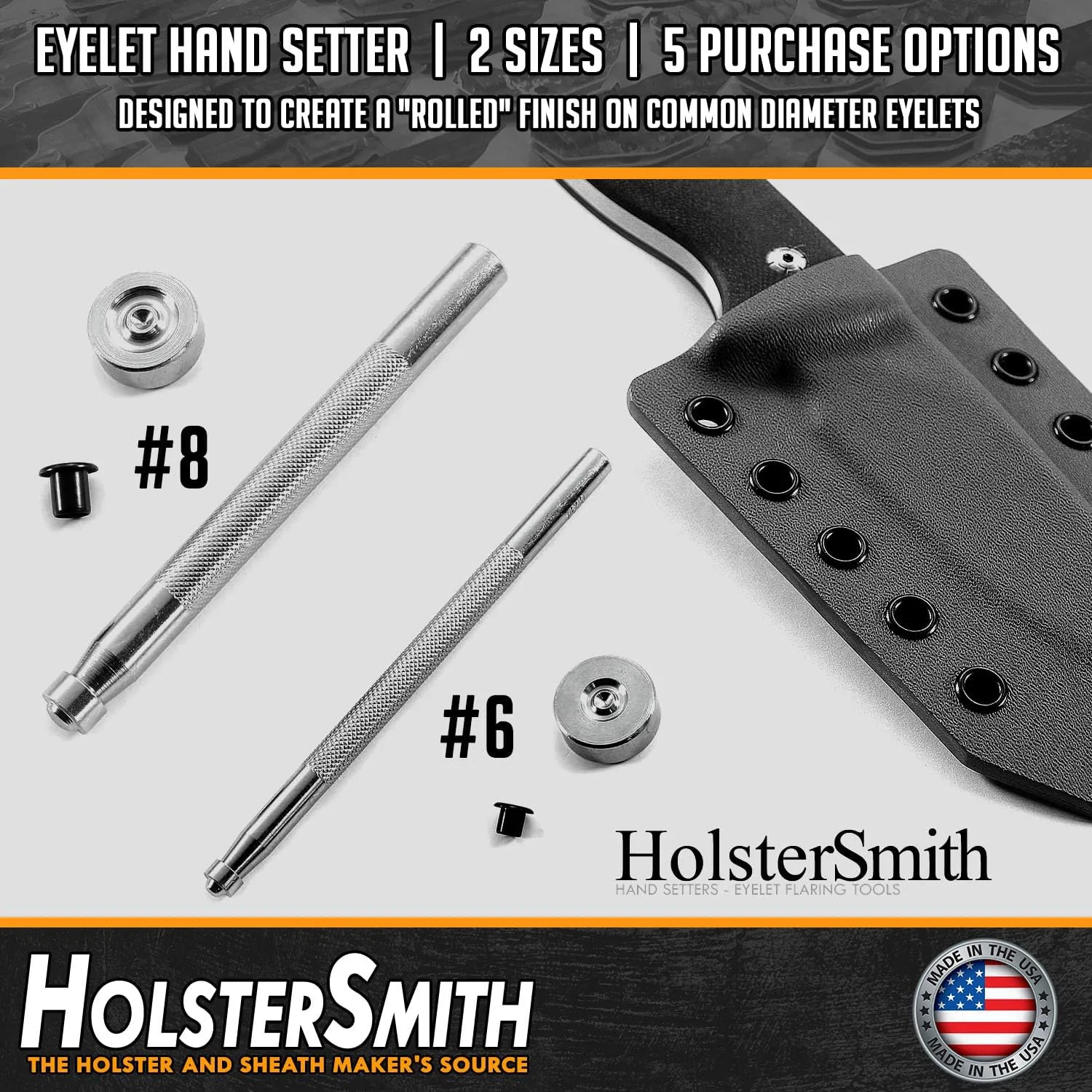 Eyelet Hand Setter & Eyelet Combo Kit - Includes (1)(#8 Hand Setter)   (100)(#8-9 Black Eyelets) - for DIY Kydex & Leather Holster Making, Upholstery, and Apparel Binding