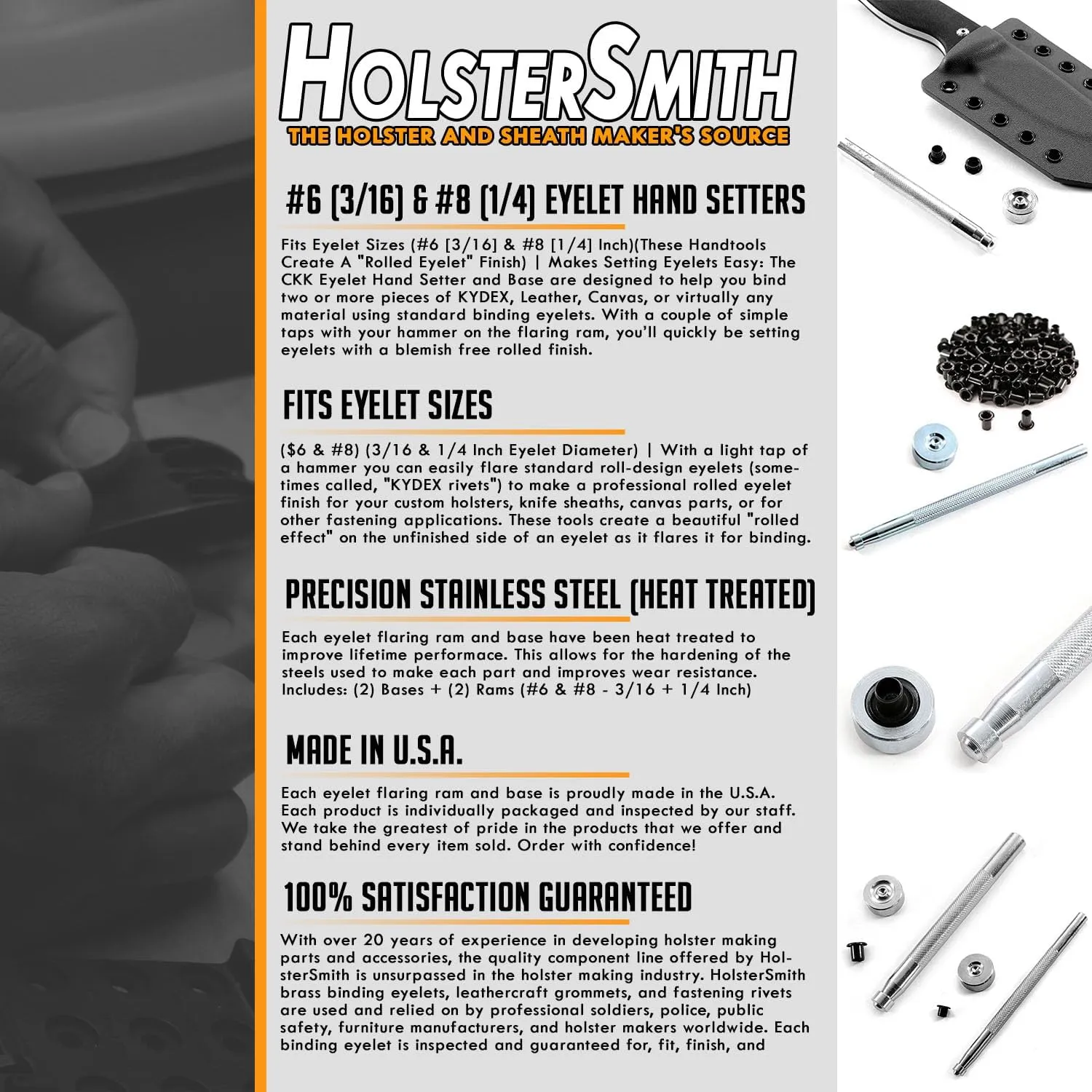 Eyelet Hand Setter & Eyelet Combo Kit - Includes (1)(#8 Hand Setter)   (100)(#8-9 Black Eyelets) - for DIY Kydex & Leather Holster Making, Upholstery, and Apparel Binding