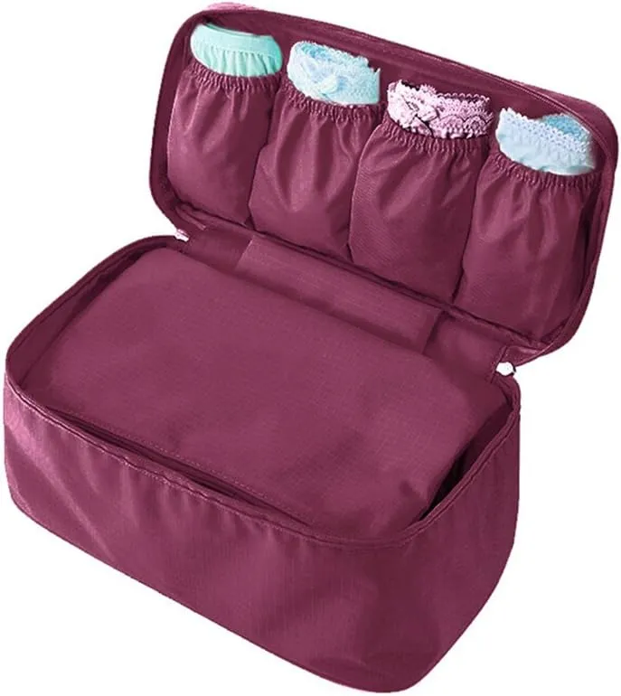 Fashion Portable Multi-Functional Travel Organizer Cosmetic Make-up Bag Luggage Storage Case Bra Underwear Pouch (Wine Red)