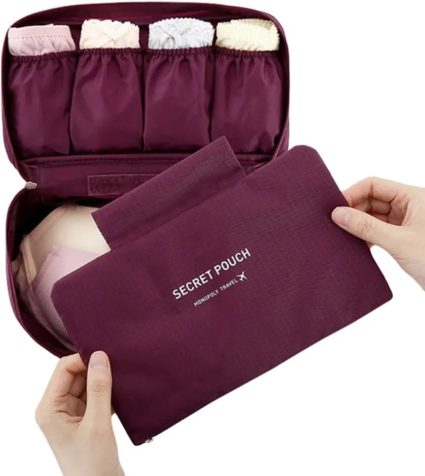 Fashion Portable Multi-Functional Travel Organizer Cosmetic Make-up Bag Luggage Storage Case Bra Underwear Pouch (Wine Red)
