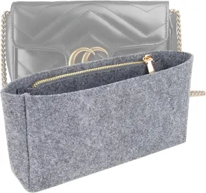 Felt Insert Purse Organizer with Zipper, Efficient Storage, Fit GG Marmont Matelasse Shoulder Bag, Organizer Handbag Tote Liner Pouch for Women Small Shoulder Bag (Mini, Grey)