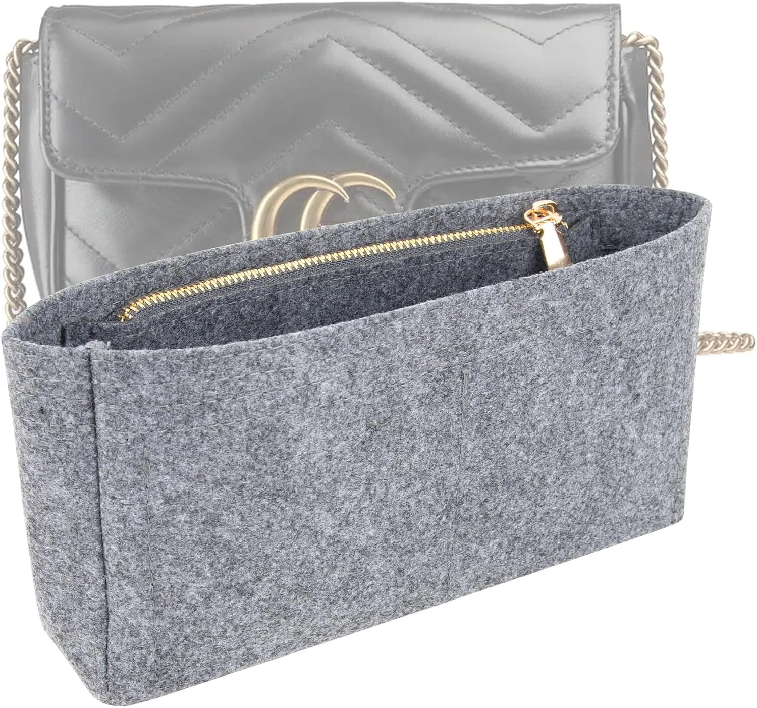 Felt Insert Purse Organizer with Zipper, Efficient Storage, Fit GG Marmont Matelasse Shoulder Bag, Organizer Handbag Tote Liner Pouch for Women Small Shoulder Bag (Mini, Grey)